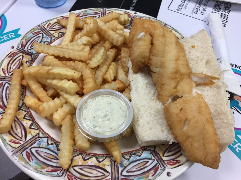 Fish sandwich and french fries at The Gem diner
